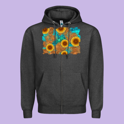 Sunflower Turquoise And  Leather Background Zipper Hoodie Designed By Artiststas
