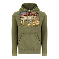 Vintage Olive charolaris bull and chicken in barnyard Vintage Hoodie - RanaPortraitStore