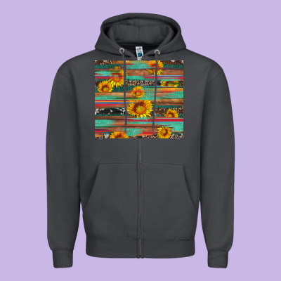 Sunflower Serape Wood And Cowhide Zipper Hoodie Designed By Artiststas