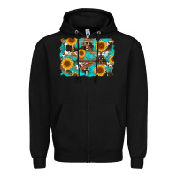 Black sunflower and cowhides with wood and turquoise background Zipper Hoodie - Artiststas