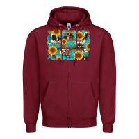 Burgundy sunflower and cowhides with wood and turquoise background Zipper Hoodie - Artiststas