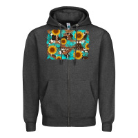 Charcoal Heather sunflower and cowhides with wood and turquoise background Zipper Hoodie - Artiststas