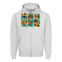 Dove Grey sunflower and cowhides with wood and turquoise background Zipper Hoodie - Artiststas