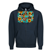 Navy sunflower and cowhides with wood and turquoise background Zipper Hoodie - Artiststas