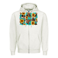 Oatmeal Heather sunflower and cowhides with wood and turquoise background Zipper Hoodie - Artiststas
