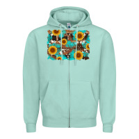 Seafoam sunflower and cowhides with wood and turquoise background Zipper Hoodie - Artiststas