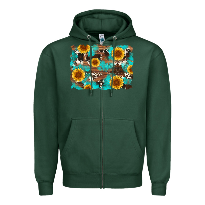 Sunflower And Cowhides With Wood And Turquoise Background Zipper Hoodie by Artiststas | Teevron