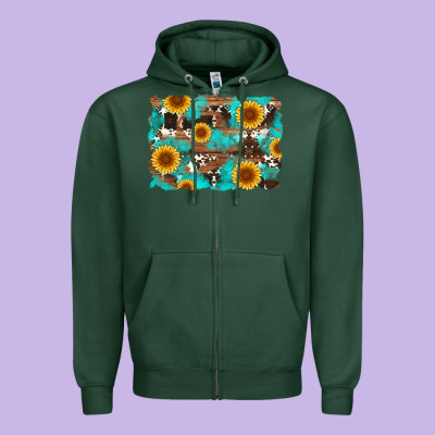 Sunflower And Cowhides With Wood And Turquoise Background Zipper Hoodie Designed By Artiststas