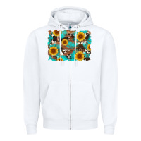 White sunflower and cowhides with wood and turquoise background Zipper Hoodie - Artiststas