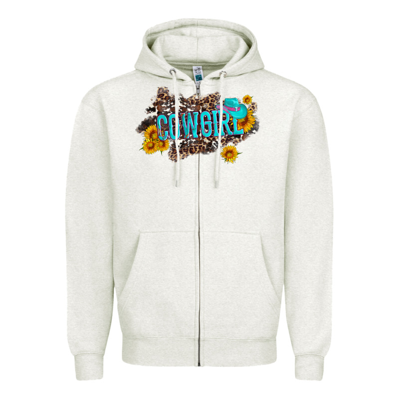 Western Cowgirl And Sunflower With Hat And Cowhide Leopard Zipper Hoodie by Artiststas | Teevron