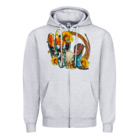 Heather Grey western cactus bullskull and boots with sunflowers and serape leopard Zipper Hoodie - Artiststas