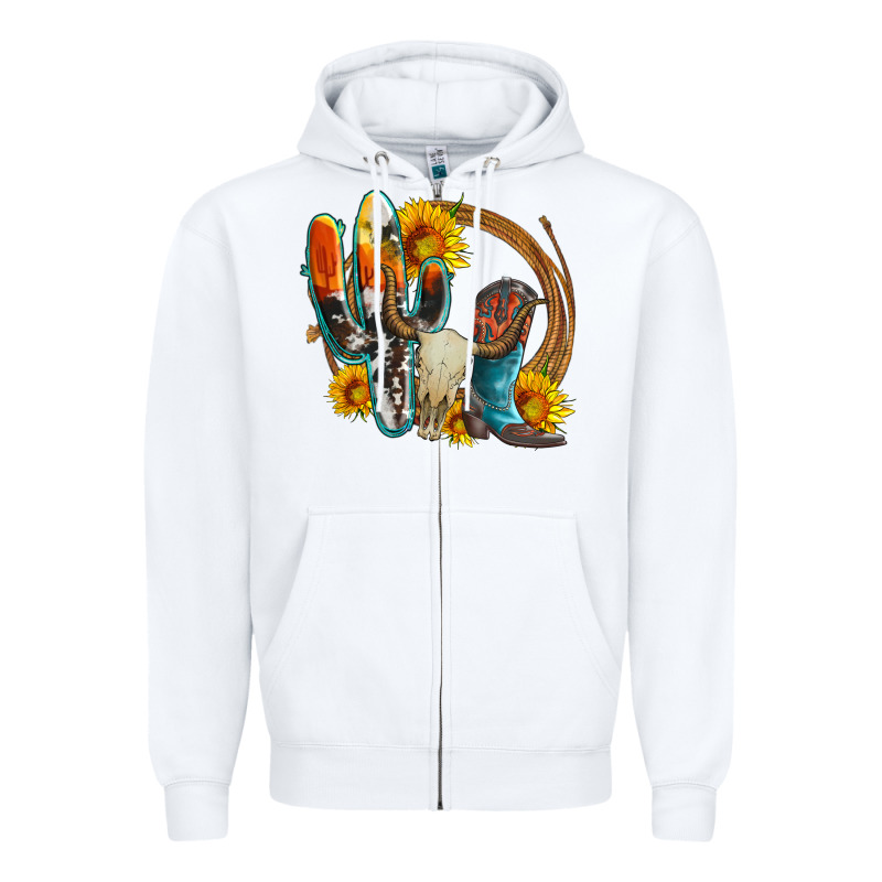 Western Cactus Bullskull And Boots With Sunflowers And Serape Leopard Zipper Hoodie by Artiststas | Teevron