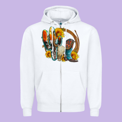 Western Cactus Bullskull And Boots With Sunflowers And Serape Leopard Zipper Hoodie Designed By Artiststas