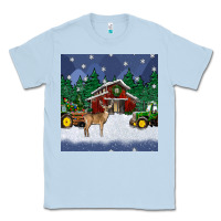 Dusty Blue christmas town and farm tractor seamless pattern Classic Tee - BundleAndBundleShop