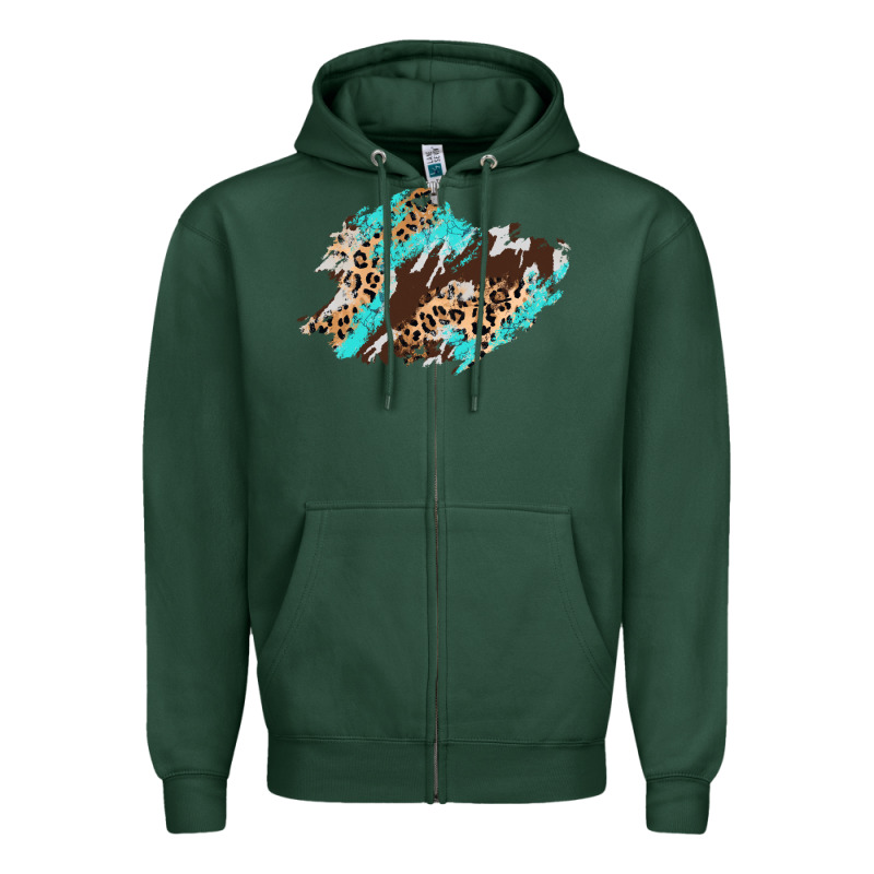 Cowhide Leopard Turquoise Patch Zipper Hoodie by AdoDesignShop | Teevron