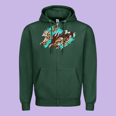 Cowhide Leopard Turquoise Patch Zipper Hoodie Designed By Adodesignshop