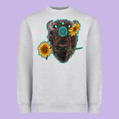 Bison Head With Sunflowers And Gemstone Heavyweight Sweatshirt Designed By Ranaportraitstore