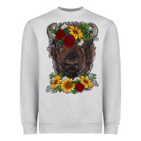 Heather Grey bison face with flowers Heavyweight Sweatshirt - RanaPortraitStore