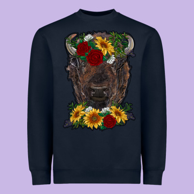 Bison Face With Flowers Heavyweight Sweatshirt Designed By Ranaportraitstore