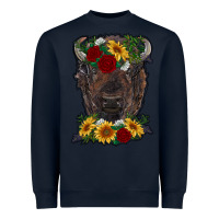 Navy bison face with flowers Heavyweight Sweatshirt - RanaPortraitStore