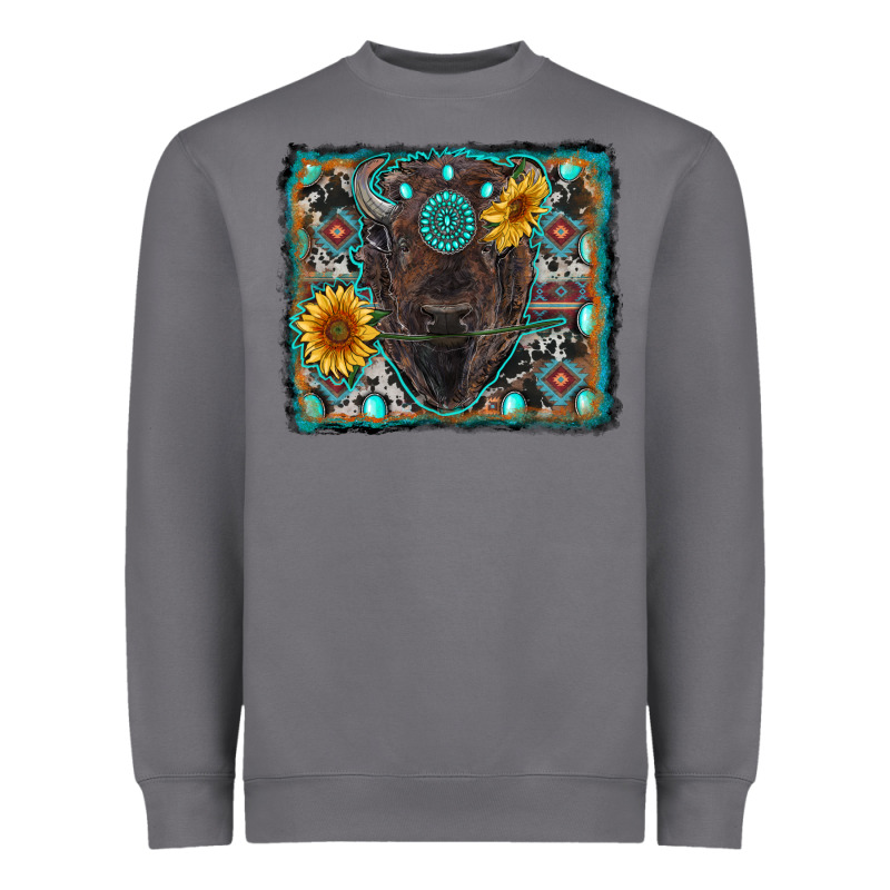 American Bison Wıth Sunflower And Gemstone Heavyweight Sweatshirt by RanaPortraitStore | Teevron