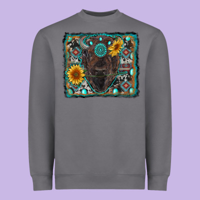 American Bison Wıth Sunflower And Gemstone Heavyweight Sweatshirt Designed By Ranaportraitstore