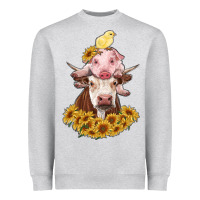 Heather Grey cow with pig and chick Heavyweight Sweatshirt - RanaPortraitStore