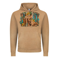 Vintage Camel highland cow family cattle and calf with sunflower and turquoise backg Vintage Hoodie - RanaPortraitStore