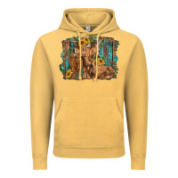 Vintage Mustard highland cow family cattle and calf with sunflower and turquoise backg Vintage Hoodie - RanaPortraitStore