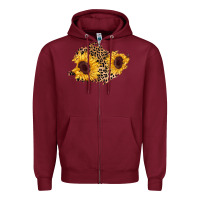 Burgundy sunflower leopard patch Zipper Hoodie - AdoDesignShop
