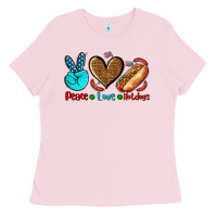 Bubblegum Pink peace love hotdogs Ladies Tee - AdoDesignShop