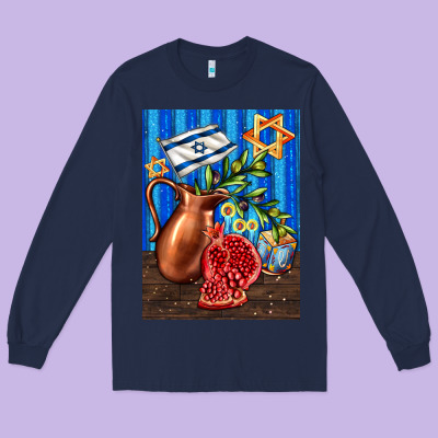 Hanukkah Table With Oil Pitcher Long Sleeve Tee Designed By Adodesignshop