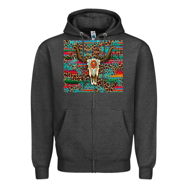 Western Serape Leopard Bull Skull Turquoise Tumbler Zipper Hoodie by Artiststas | Teevron