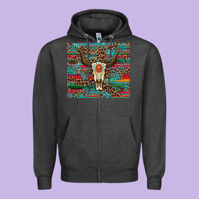 Western Serape Leopard Bull Skull Turquoise Tumbler Zipper Hoodie Designed By Artiststas