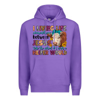 Purple i living life somewhere between jesus take the whe Premium Hoodie - LillyAllenDesigns