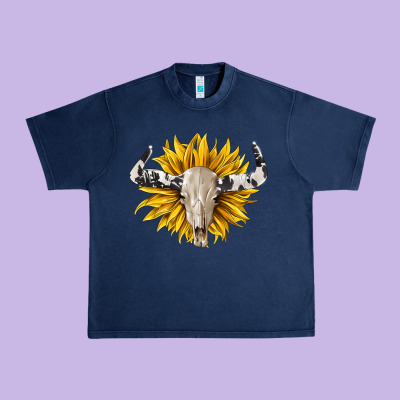 Cowhide Bull Skull And Sunflower Urban Heavy Tee Designed By Barkaloodesign