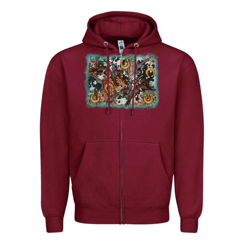 Bucking Bronco Rodeo Revolver Western Background Zipper Hoodie by AdoDesignShop | Teevron
