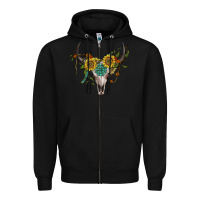 Black boho bullskull with sunflower and gemstone Zipper Hoodie - Artiststas