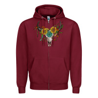 Burgundy boho bullskull with sunflower and gemstone Zipper Hoodie - Artiststas