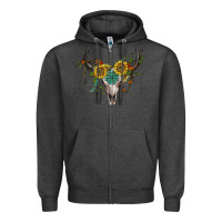 Charcoal Heather boho bullskull with sunflower and gemstone Zipper Hoodie - Artiststas