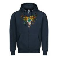 Navy boho bullskull with sunflower and gemstone Zipper Hoodie - Artiststas