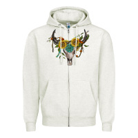 Oatmeal Heather boho bullskull with sunflower and gemstone Zipper Hoodie - Artiststas