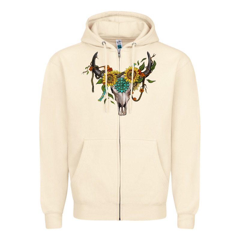 Boho Bullskull With Sunflower And Gemstone Zipper Hoodie by Artiststas | Teevron