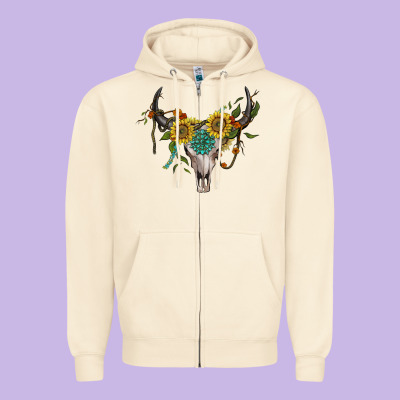 Boho Bullskull With Sunflower And Gemstone Zipper Hoodie Designed By Artiststas