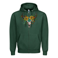 Sports Green boho bullskull with sunflower and gemstone Zipper Hoodie - Artiststas