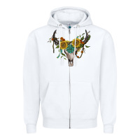 White boho bullskull with sunflower and gemstone Zipper Hoodie - Artiststas