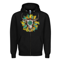 Black boho bullskull with sunflower and gemstone Zipper Hoodie - Artiststas