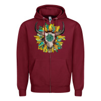Burgundy boho bullskull with sunflower and gemstone Zipper Hoodie - Artiststas