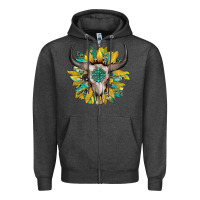 Charcoal Heather boho bullskull with sunflower and gemstone Zipper Hoodie - Artiststas