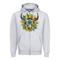 Heather Grey boho bullskull with sunflower and gemstone Zipper Hoodie - Artiststas